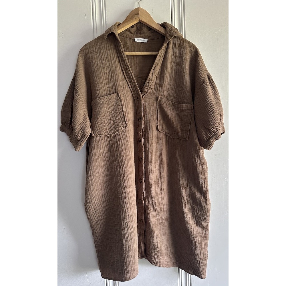 Mittoshop Double Gauze Tunic Top Brown Oversized Cotton Button Front Beach Cover
